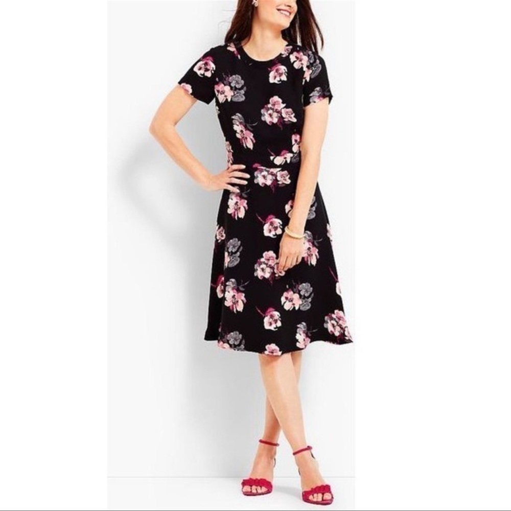 Talbots Black & Pink Floral Knee Length Fit & Flair Dress
